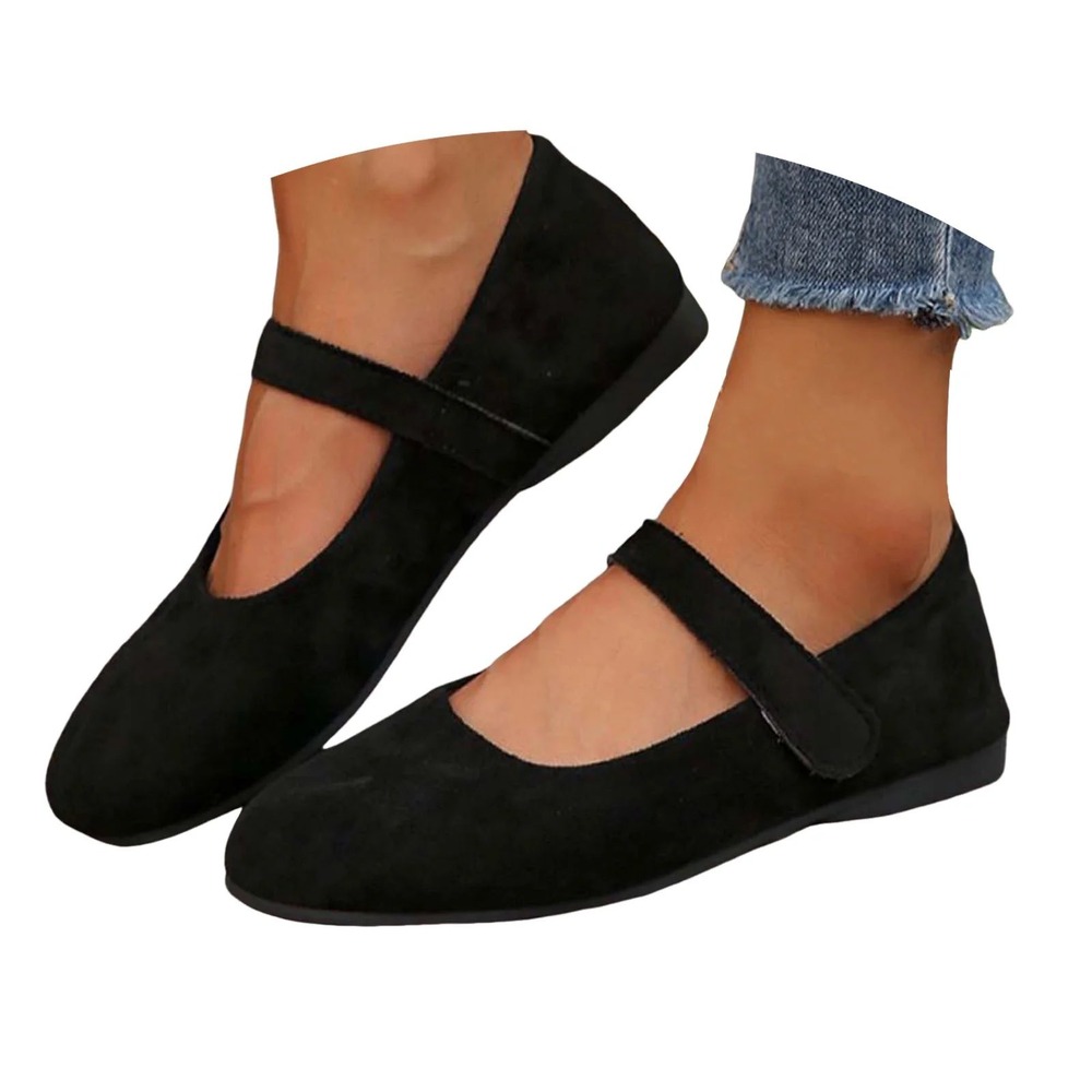 Womens Black Faux Suede Mary Jane Ballet Flats Round Toe Strap Shoes